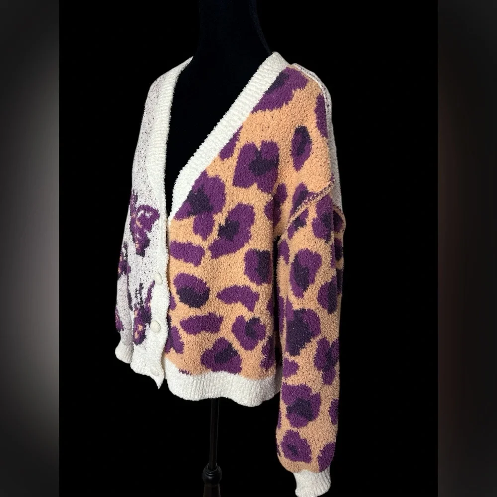 POL Butterfly & Leopard Colorblock Cardigan Sweater Oversized Boho Cozy - Picture 4 of 6